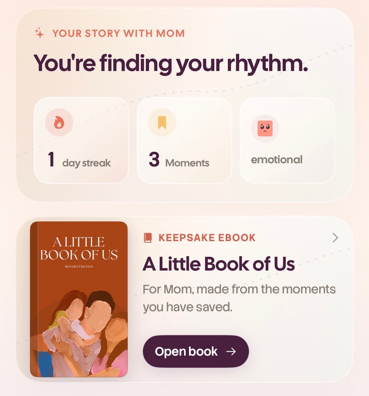 Keepsake ebook preview showing a family story made from saved moments